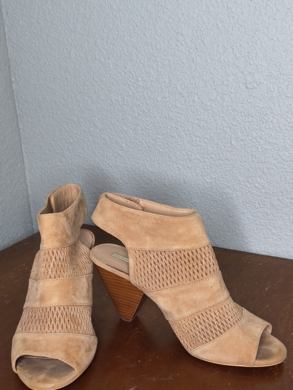 Audrey Brooke Tan Suede Peep-Toe Heel Boots Velcro Strap Size 9 AD